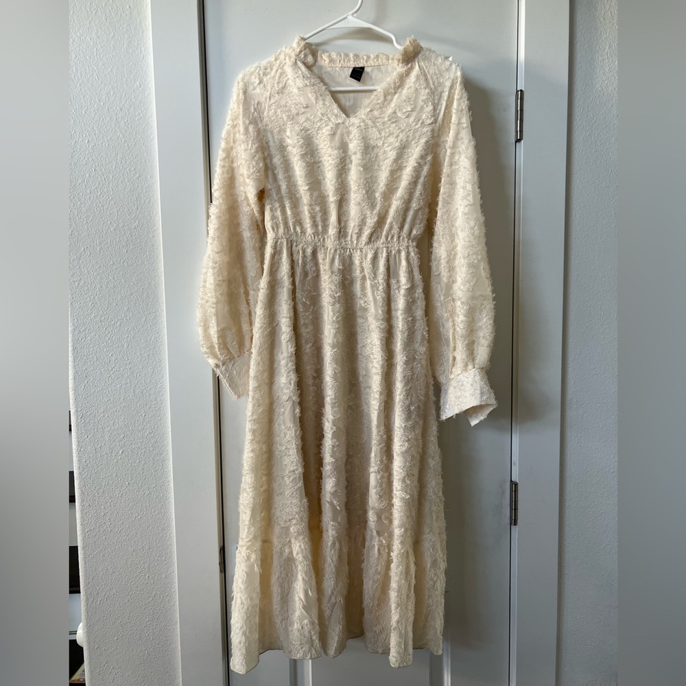 Shein Fuzzy Ruffle Hem Tie Neck Midi Creme Dress